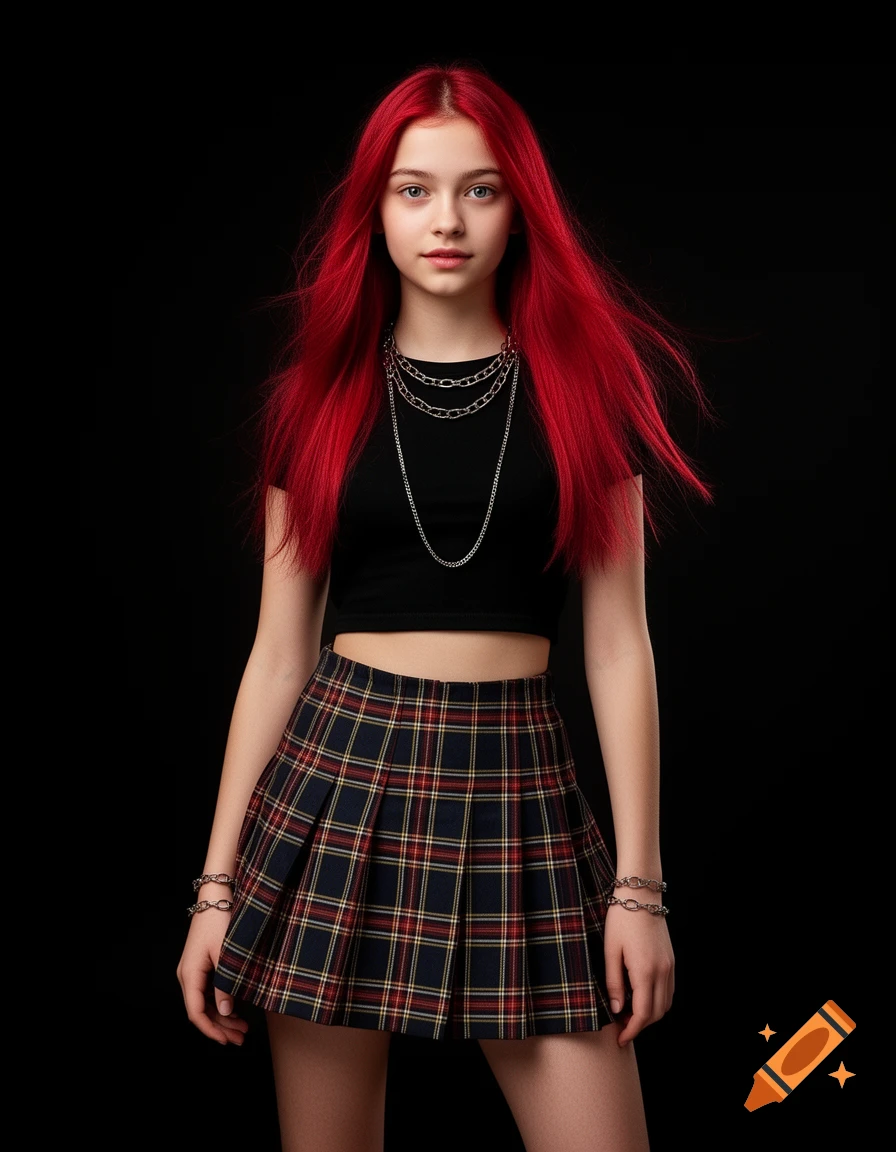 A young girl with long, vibrant red hair, wearing a black crop top, a plaid skirt, and layered chain necklaces, poses against a black background.