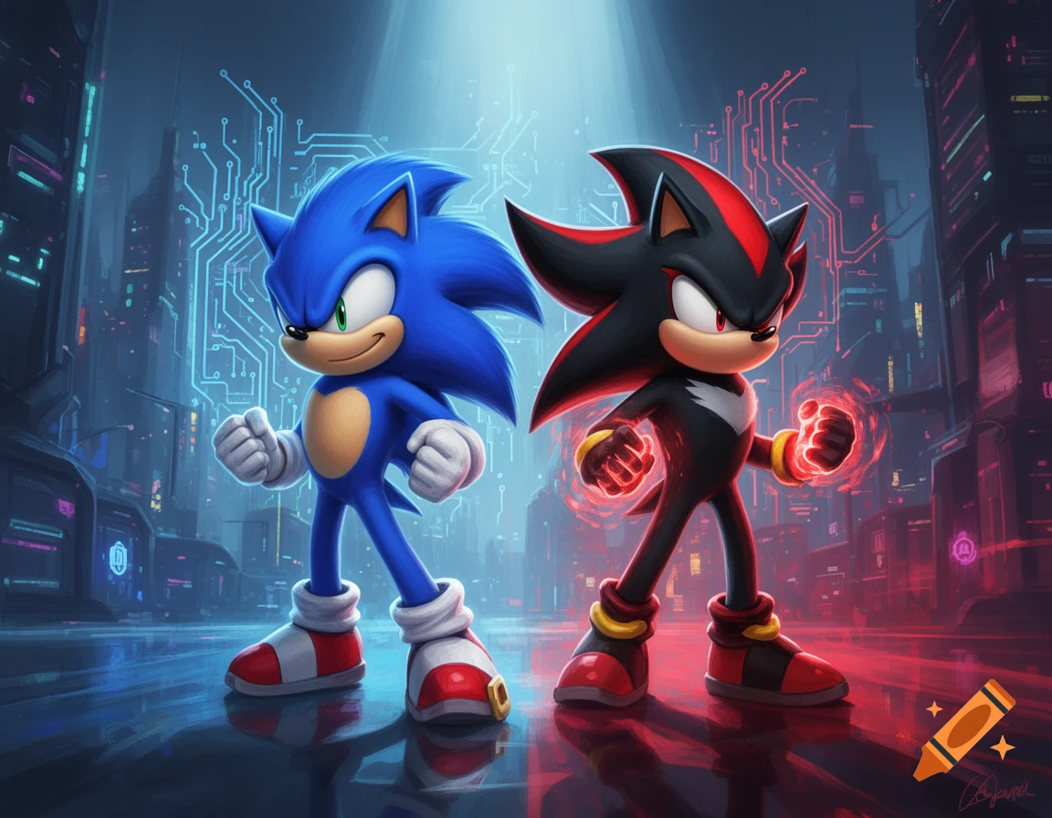 Sonic the Hedgehog and Shadow the Hedgehog stand ready in a neon-lit futuristic city with circuit board patterns.