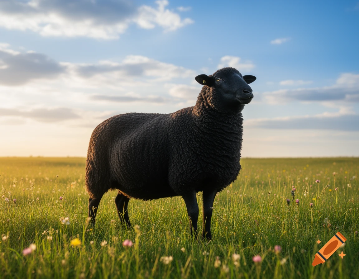 A proud black sheep stands in a vibrant green meadow with small flowers under a bright blue sky at sunset.