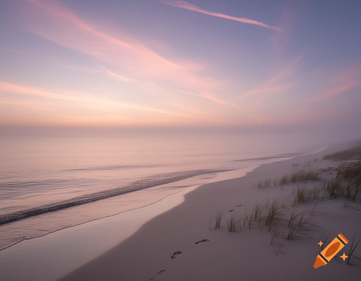 Serene beach at sunrise or sunset with pink and purple skies, calm waves, and footprints on light sand.