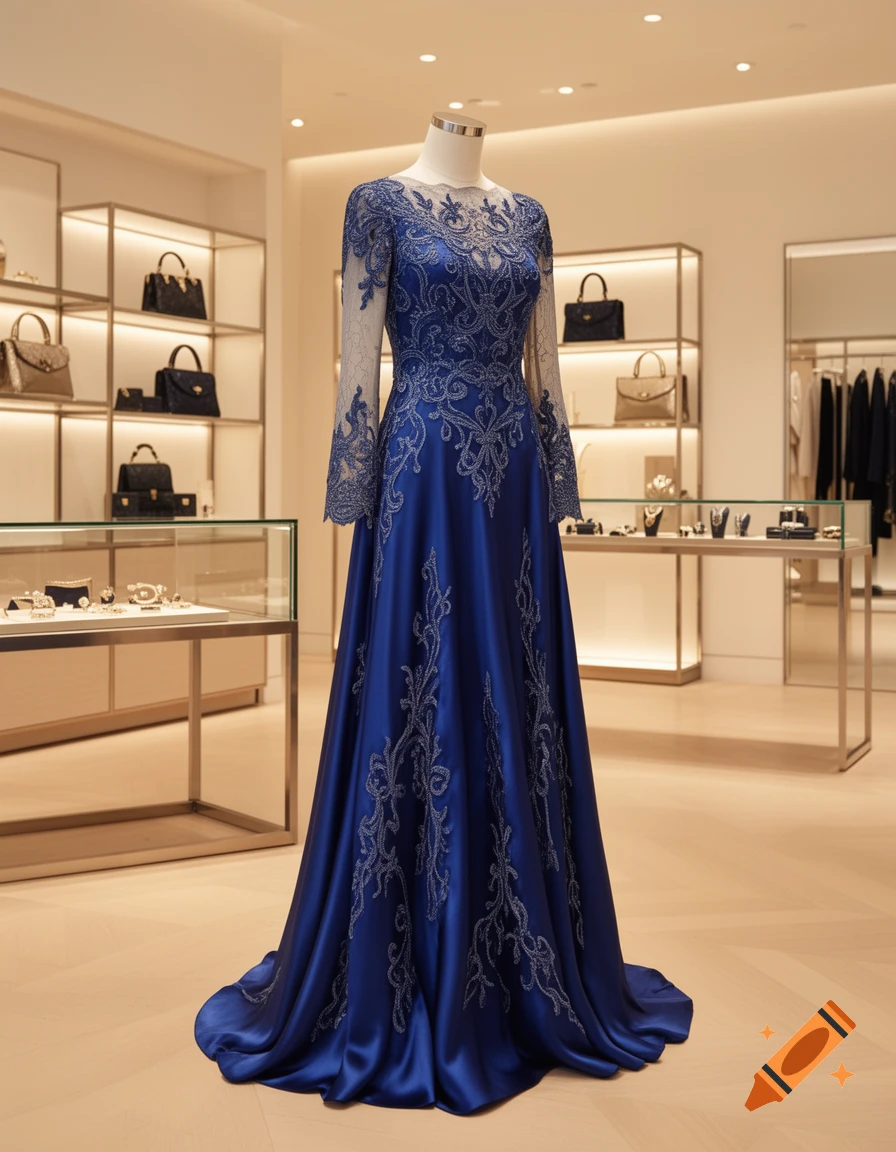 A long, royal blue satin dress with intricate silver embroidery on a mannequin in a brightly lit high-end clothing store.
