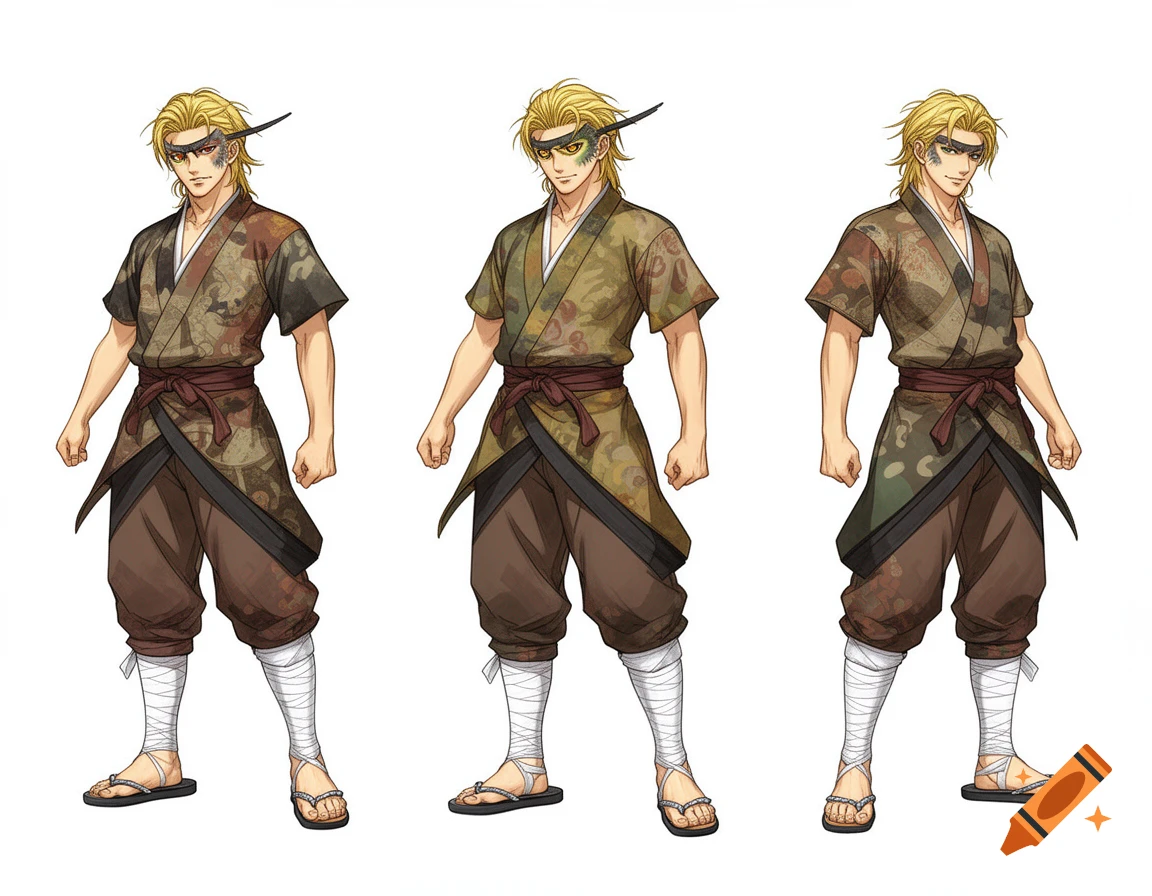 Three anime-style male warriors with blond hair, hawk-like eyes, wearing traditional Japanese warrior clothes and sandals, against a white background.
