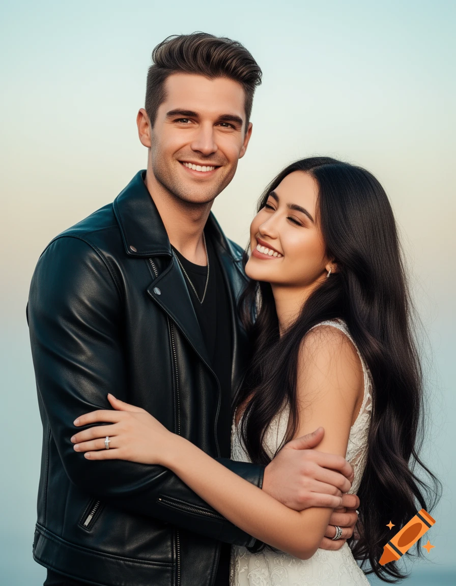 Photorealistic portrait of a smiling man in a black leather jacket embracing a happy woman with long dark hair, both wearing wedding rings.