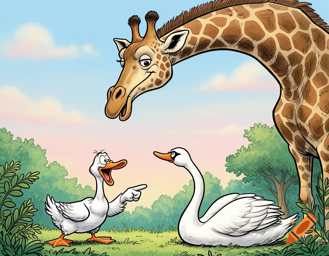 A giant cartoon giraffe with a sarcastic smile looks down at a silly goose laughing at an elegant swan in a field.