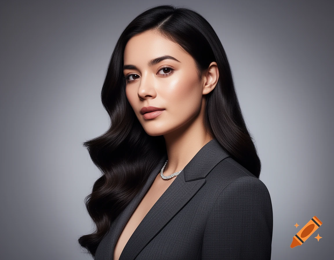 A professional East Asian woman with dark wavy hair and a diamond necklace, wearing a dark gray suit, against a gray background.