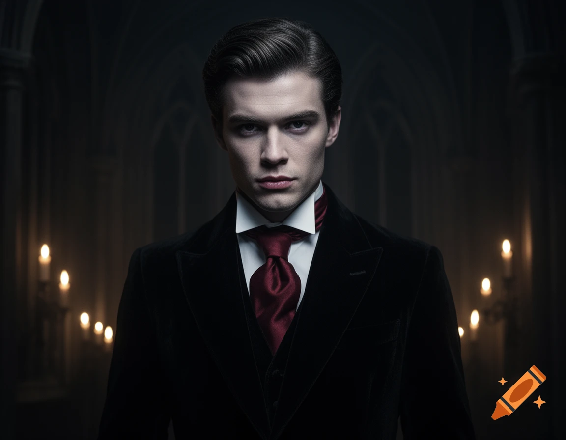 A serious-looking man in a black velvet suit and red cravat, resembling a vampire, stands in a dark gothic setting with lit candles.