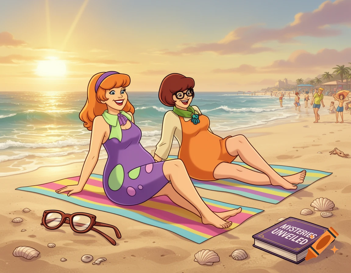 Daphne and Velma from Scooby-Doo relaxing on a beach at sunset in cartoon style.