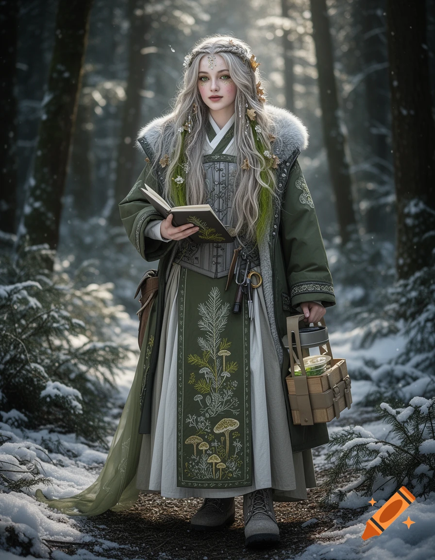 A woman with long grey hair and a green outfit adorned with botanical designs stands in a snowy forest, holding a book and a basket.