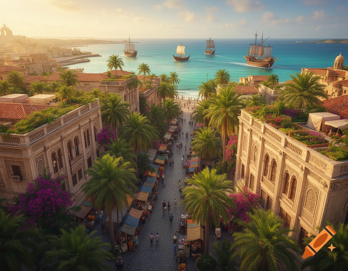 Aerial view of a vibrant city with historical architecture, palm trees, market stalls, and ships on a turquoise sea.
