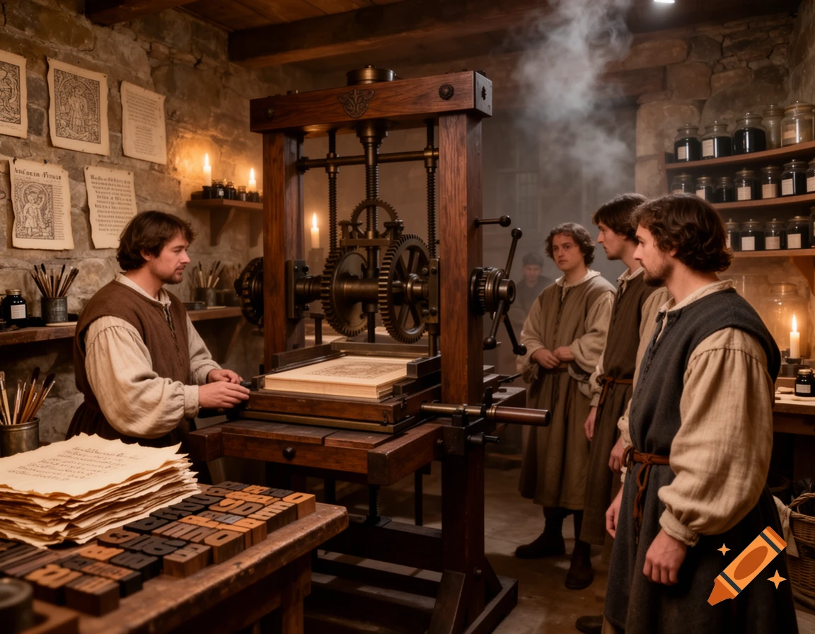 Men in period clothing operate a large wooden printing press in a dimly lit workshop, surrounded by papers and printing blocks.