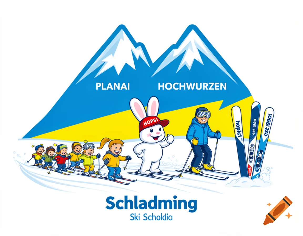 A cheerful cartoon illustration of children and an adult skiing with a bunny mascot on a snowy mountain. Mountains labeled PLANAI and HOCHWURZEN. Text 'Schladming' is at the bottom.