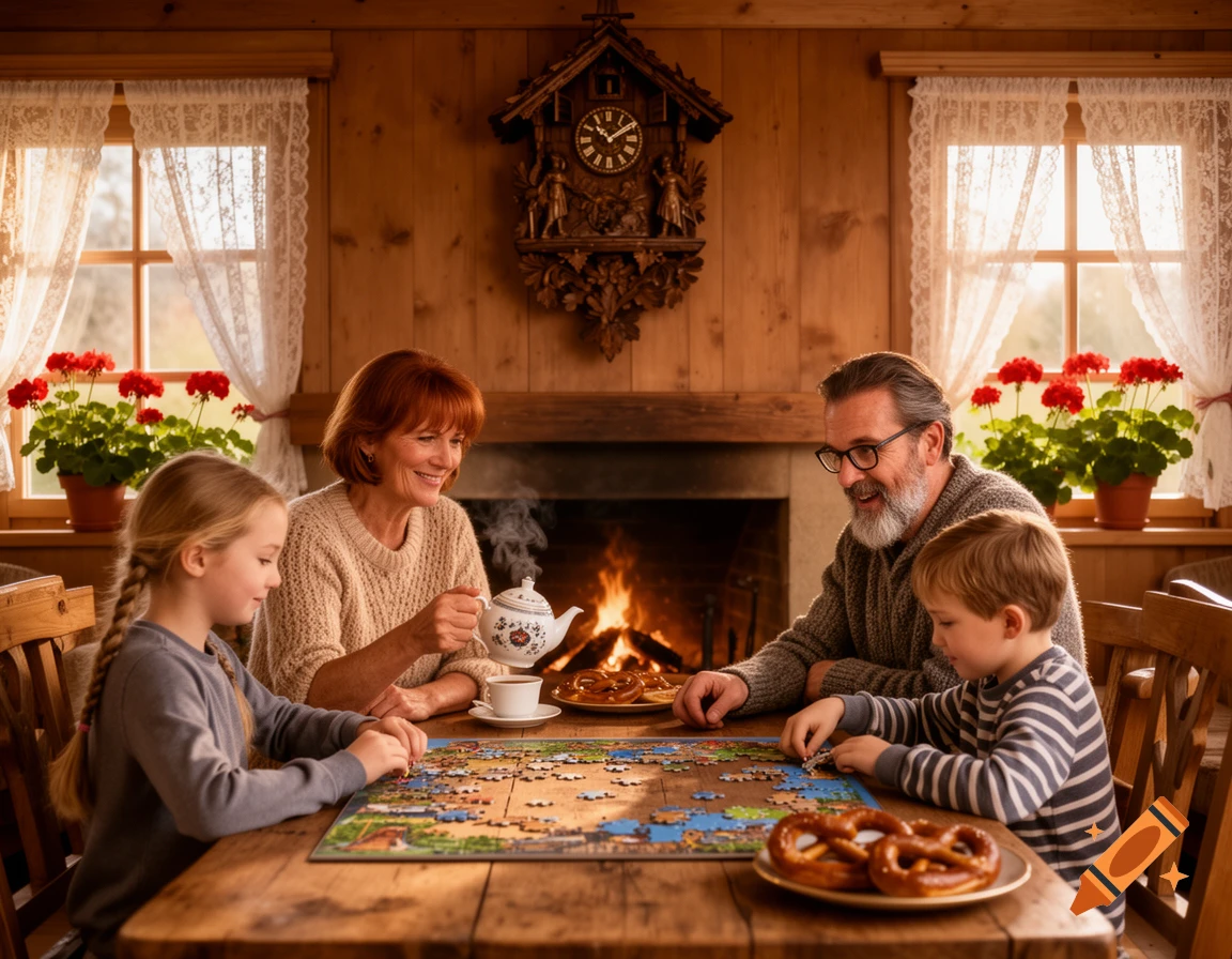 A multi-generational family gathers around a rustic wooden table, working on a puzzle by a warm fireplace with tea and pretzels.