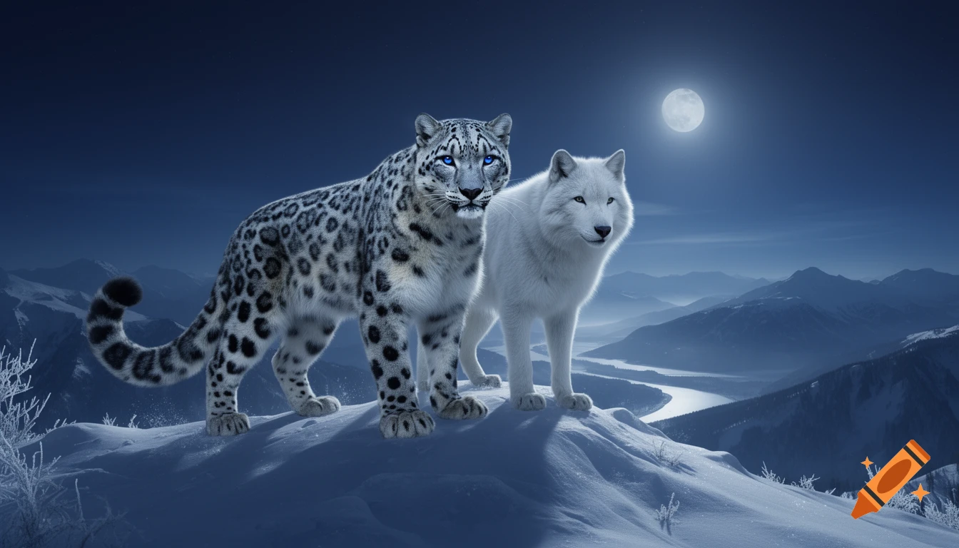 A majestic snow leopard with blue eyes and a white arctic wolf stand on a snowy mountain ridge at night, illuminated by a full moon, overlooking a valley.