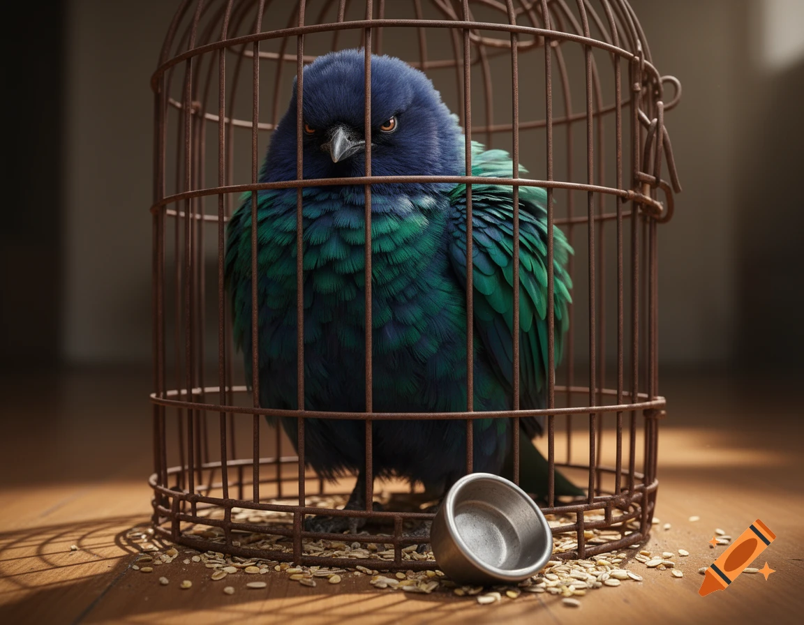 A large, grumpy, blue and green bird is squashed inside a rusty metal cage on a wooden floor with scattered seeds and a tipped bowl.