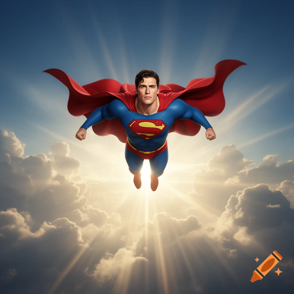 Photorealistic Superman flies through a bright blue sky with sun rays and clouds.