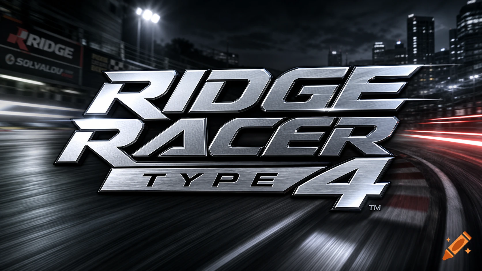 The Ridge Racer Type 4 video game logo, featuring metallic silver text against a blurred night cityscape and race track with red light trails.