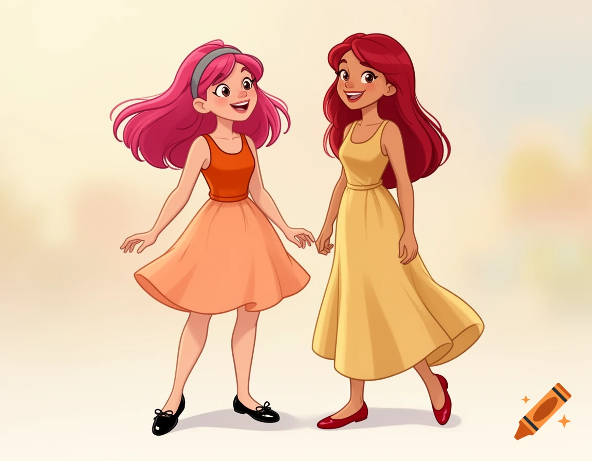 Two smiling cartoon women. One with pink hair wears an orange top, peach skirt, and black flats. The other with red hair wears a yellow dress and red flats.