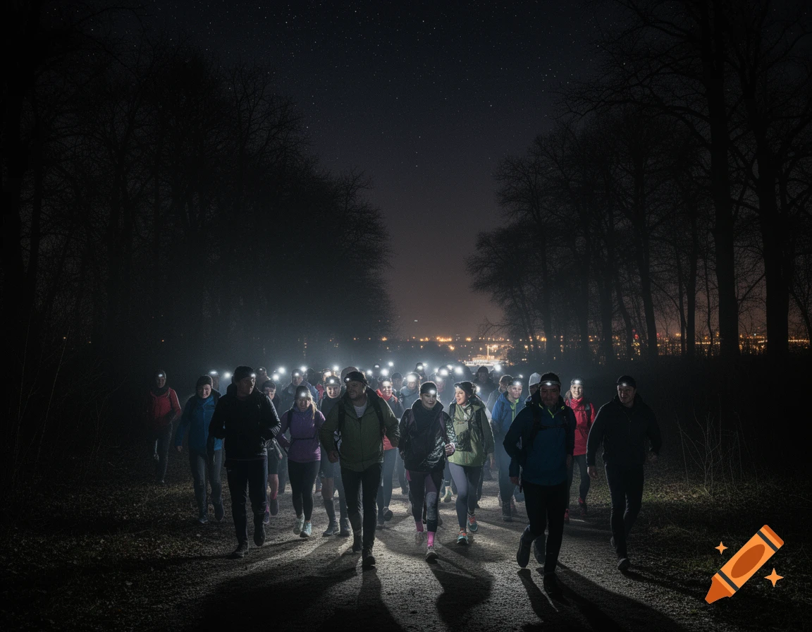 A large group of people wearing headlamps walks on a dark forest path at night, with city lights in the distance. Photorealistic.