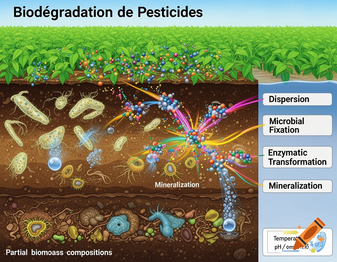 A detailed scientific diagram illustrates the biodegradation of pesticides in soil and water, showing microorganisms, chemical transformations, and environmental factors.