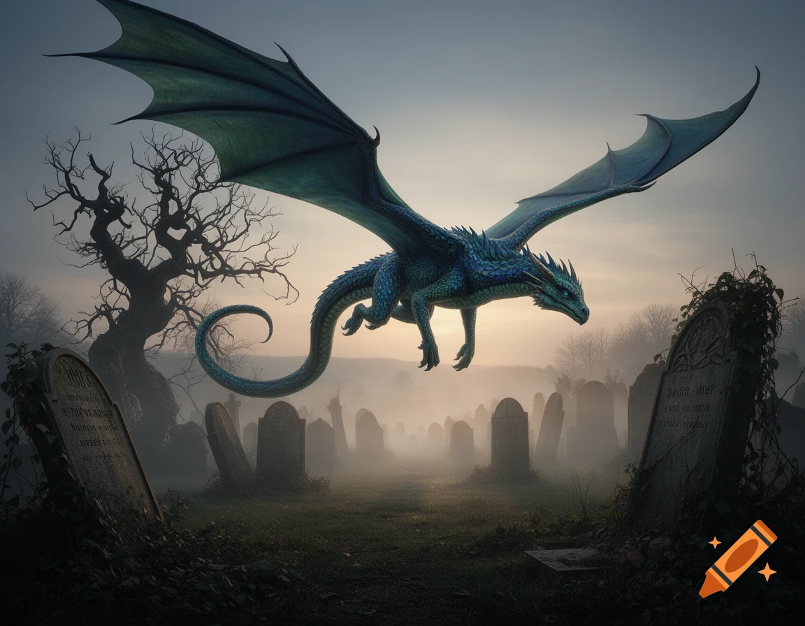 A blue-green dragon with large wings flies low over a misty graveyard at dusk, with gnarled trees and old tombstones.