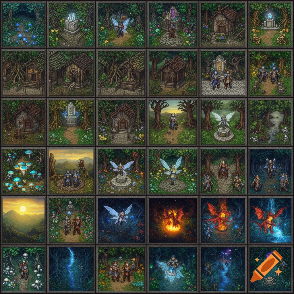 A pixel art sprite sheet depicting various medieval fantasy world elements like forests, huts, shrines, fairies, and dragons.