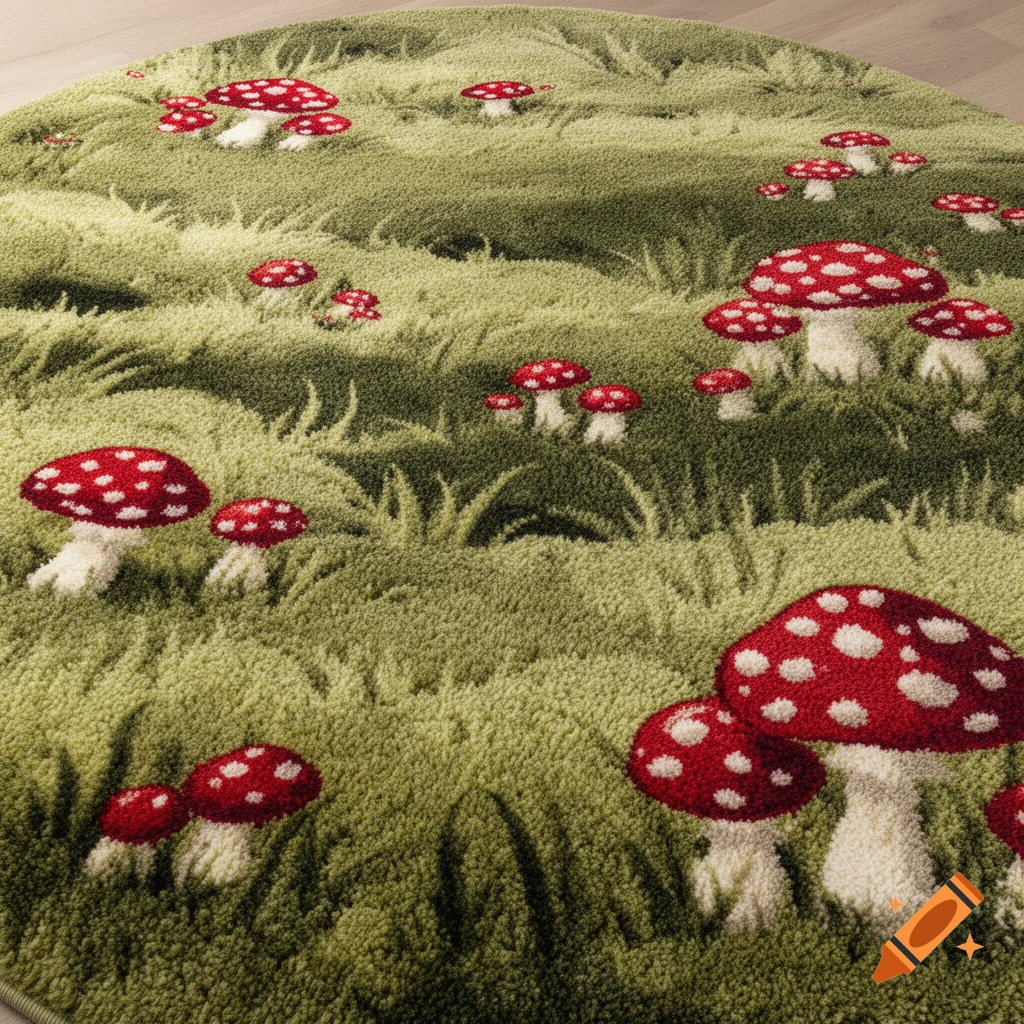 A top-down view of a round, shaggy green rug depicting a grassy field with numerous red and white spotted mushrooms.