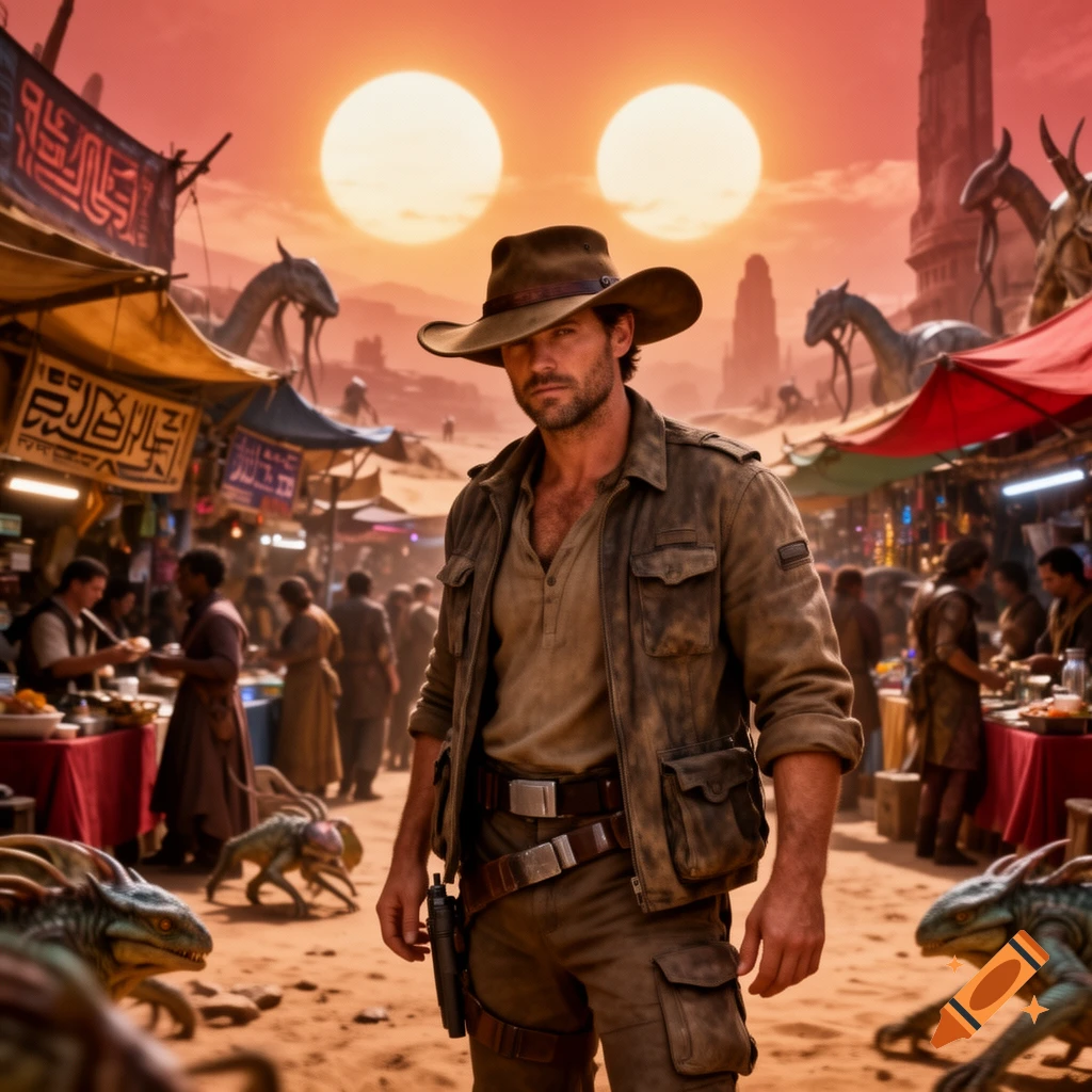 A male bounty hunter in a slouch hat stands in a bustling desert alien market under two suns, surrounded by strange creatures and stalls.