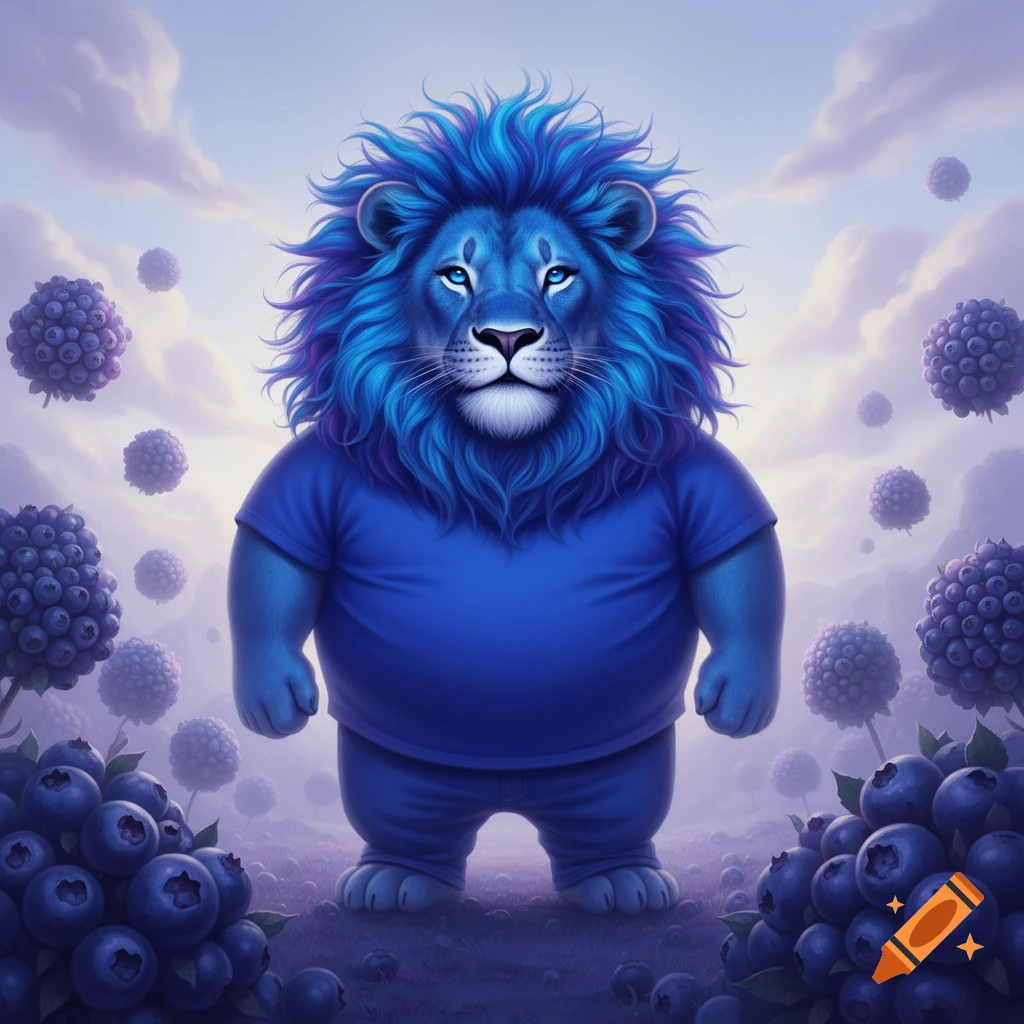 An inflated blue lion in a blue shirt and pants stands in a blueberry field under a cloudy sky.