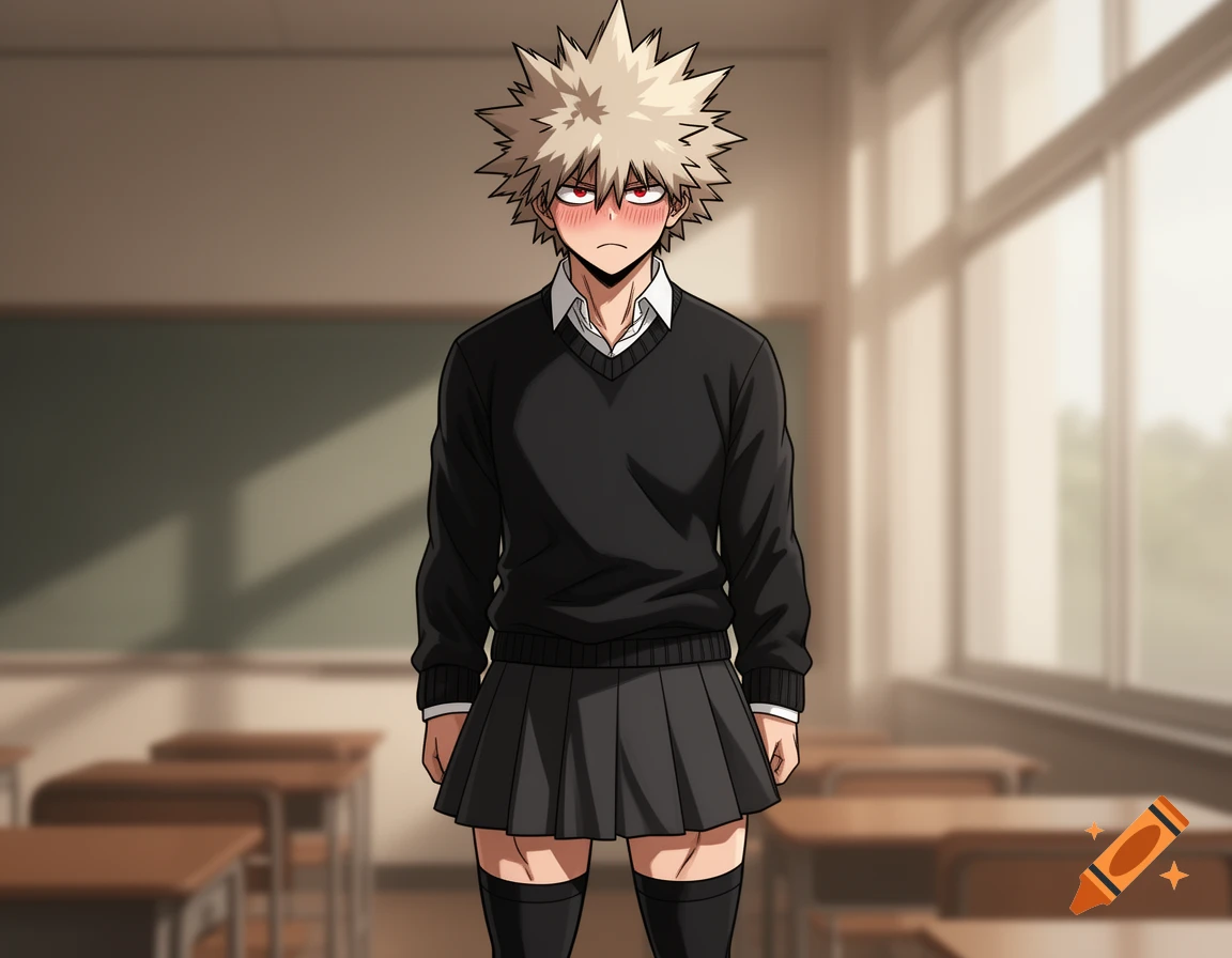 Anime style Bakugo in a black school uniform with a pleated skirt and thigh-highs, blushing in a classroom.