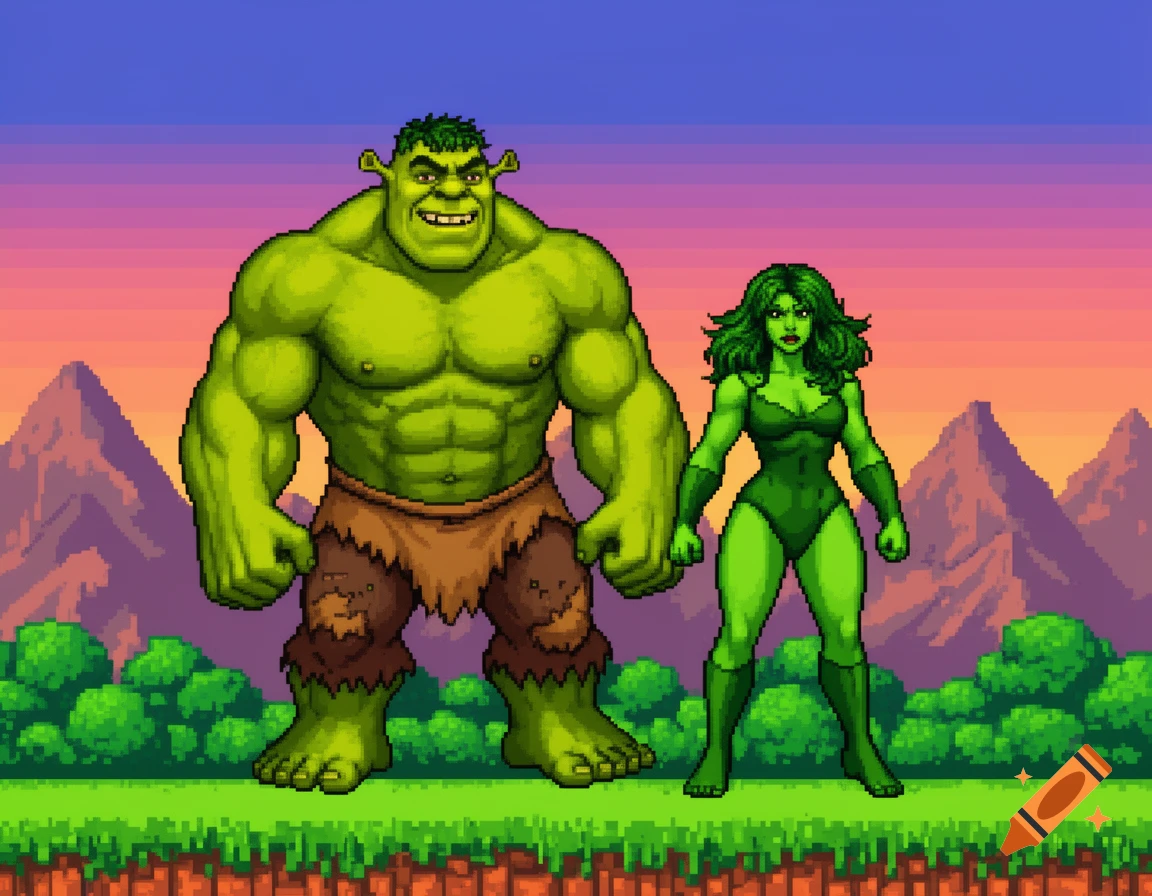 16-bit pixel art of Shrek-Hulk and She-Hulk standing on a grassy landscape with pixelated mountains and sunset sky.