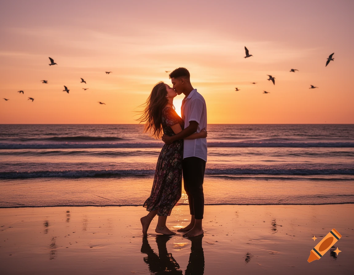 A romantic photorealistic image of a couple kissing on a beach at sunset with birds flying over the ocean.