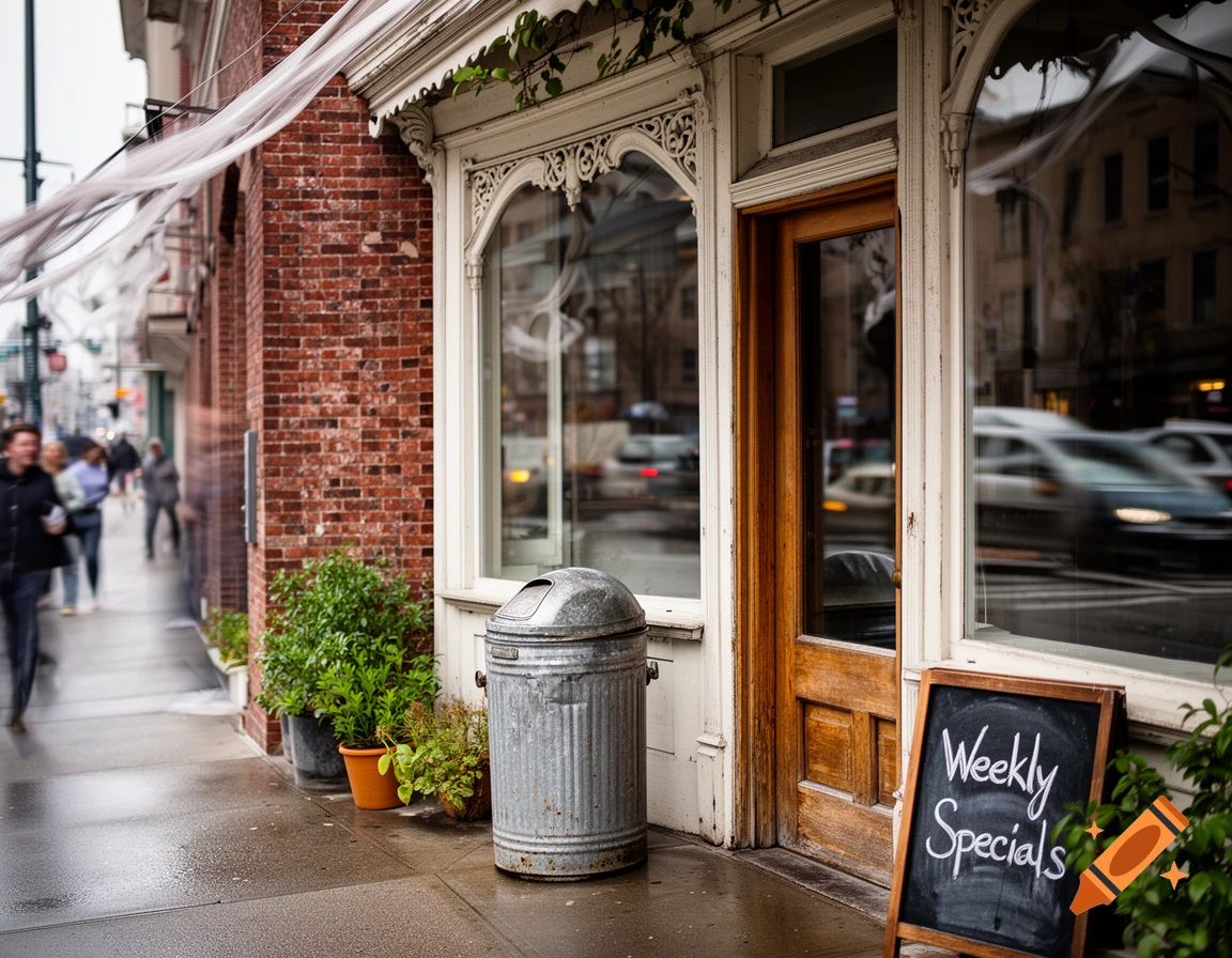 A photorealistic street scene featuring a brick storefront, a metal trash can, and a 'Weekly Specials' sign on a wet sidewalk.