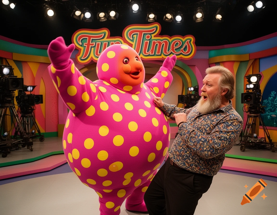 Mr. Blobby and Noel Edmonds pose on a brightly lit 'Fun Times' TV show set.