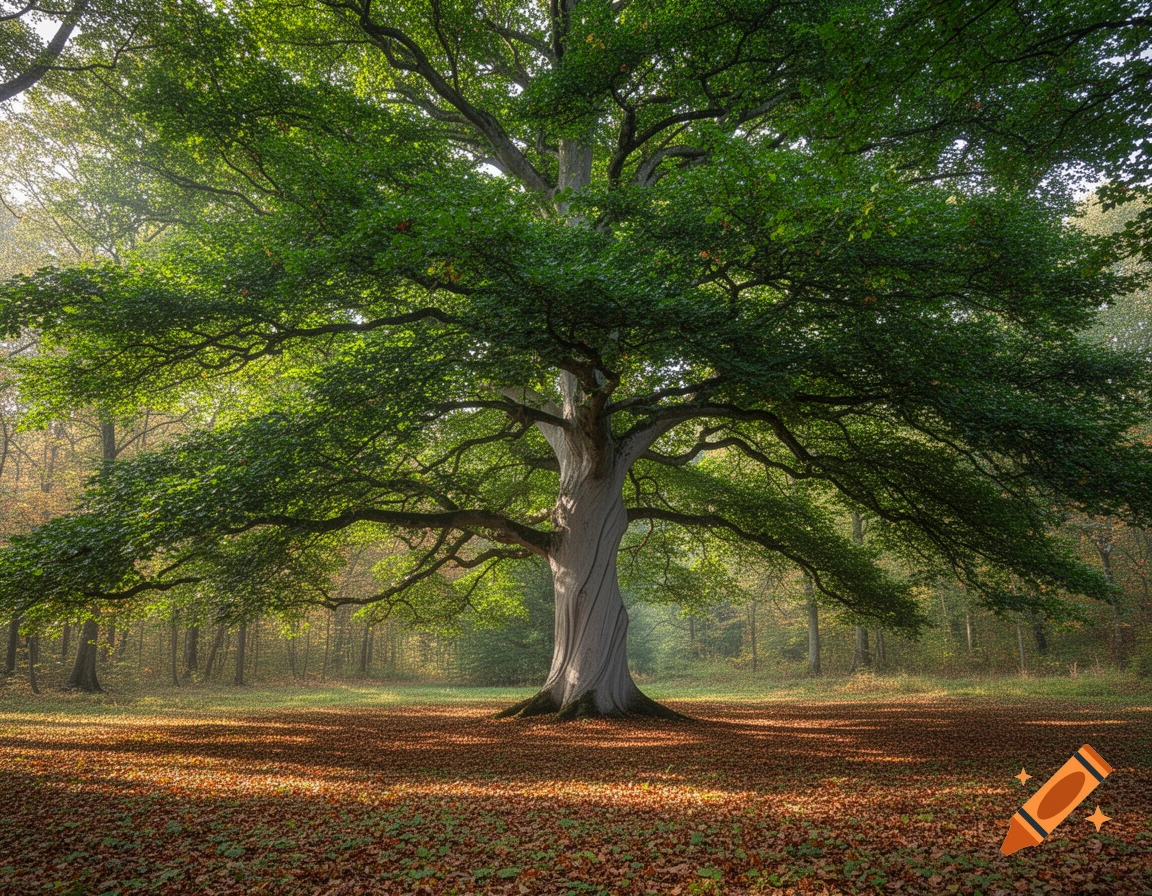 A majestic, ancient green beech tree stands in a sunlit forest, its canopy spreading wide over a ground covered in fallen autumn leaves. Photorealistic.