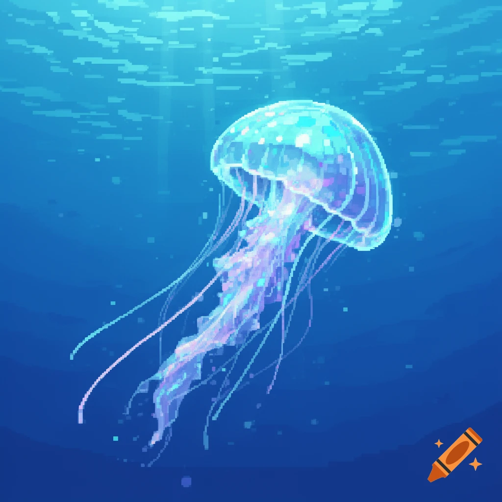 A glowing blue and purple pixel art jellyfish swims in deep blue underwater.