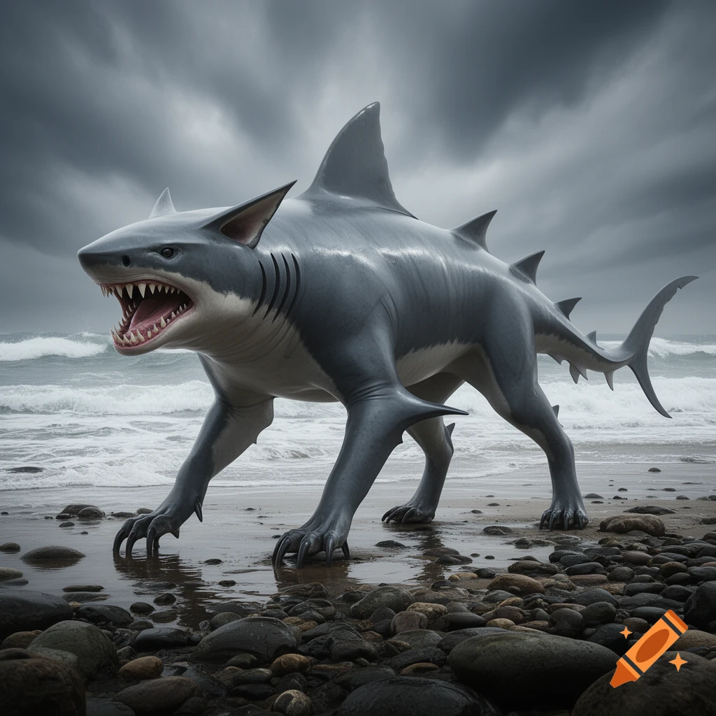 Photorealistic shark-hyena hybrid snarling on a wet rocky beach with ocean waves under a stormy sky.