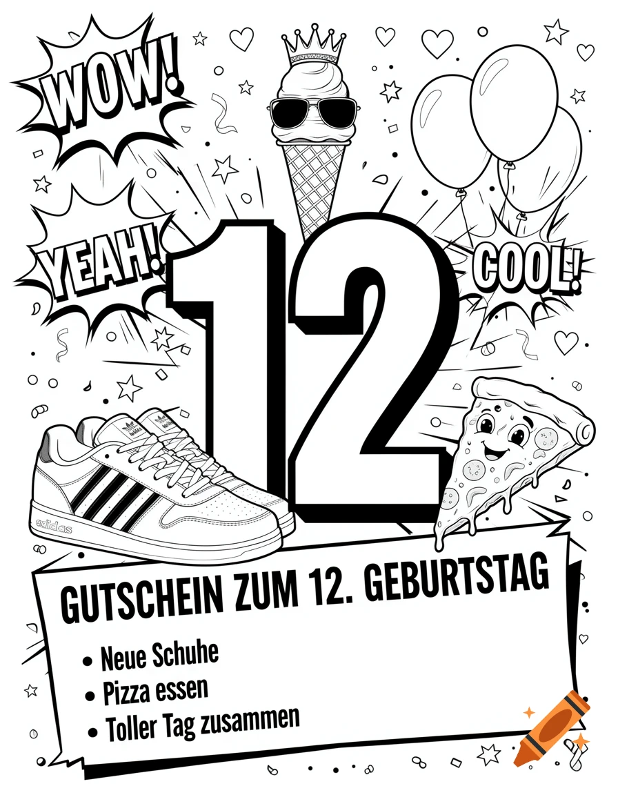 Black and white comic-style birthday poster with a large decorative number '12'. Features sneakers, a smiling pizza slice, an ice cream cone with sunglasses, balloons, and text like 'WOW!', 'YEAH!', 'COOL!', and 'Gutschein zum 12. Geburtstag'.