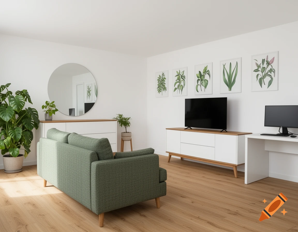 A modern living room with a green sofa, a TV on a lowboard, a desk with a computer, a round mirror, and potted plants.
