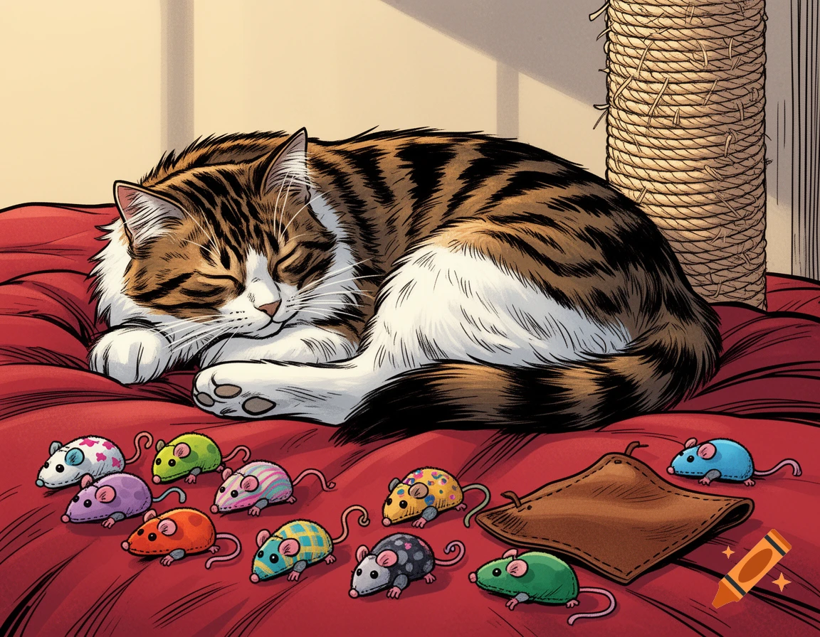 A comic illustration of a brown, black, and white tabby cat sleeping on a red blanket amidst colorful toy mice and a scratching post.