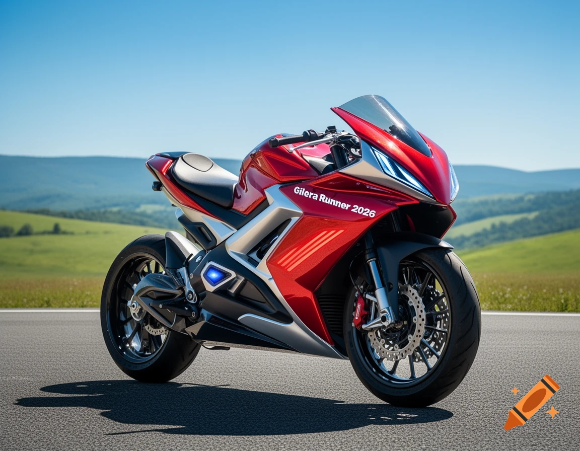 A sleek red and silver sports motorcycle parked on an asphalt road, with green rolling hills and a clear blue sky in the background.