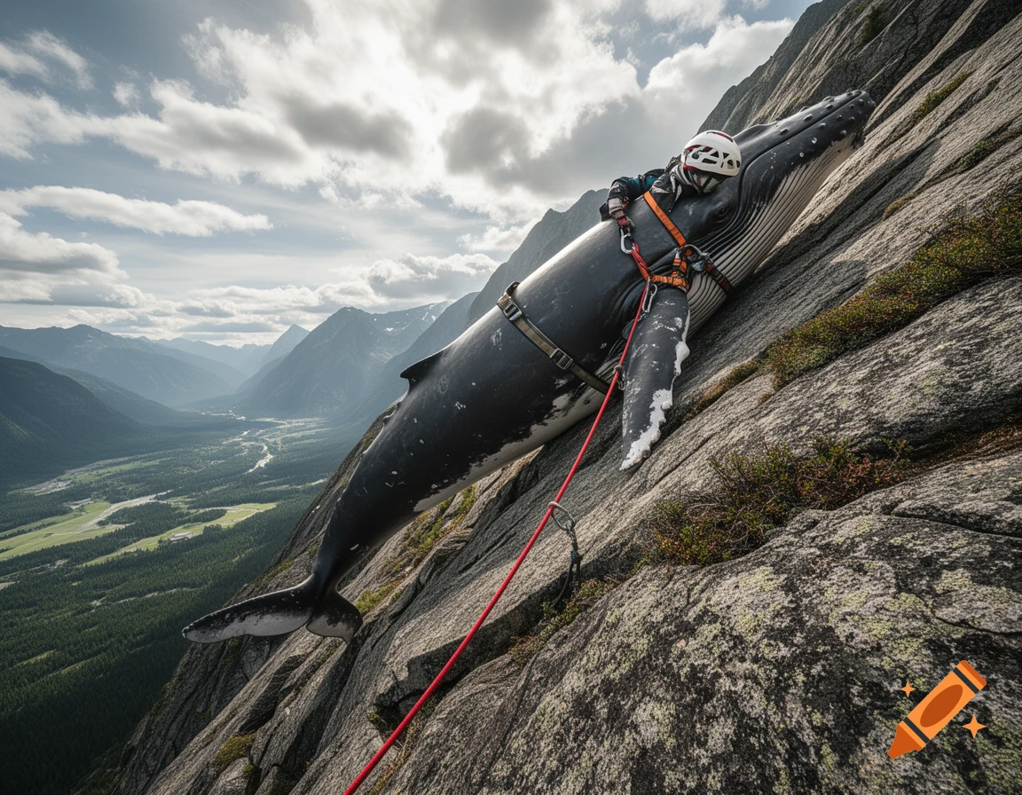 A photorealistic image of a whale wearing a climbing harness and helmet, ascending a steep mountain cliff with ropes, overlooking a vast valley.