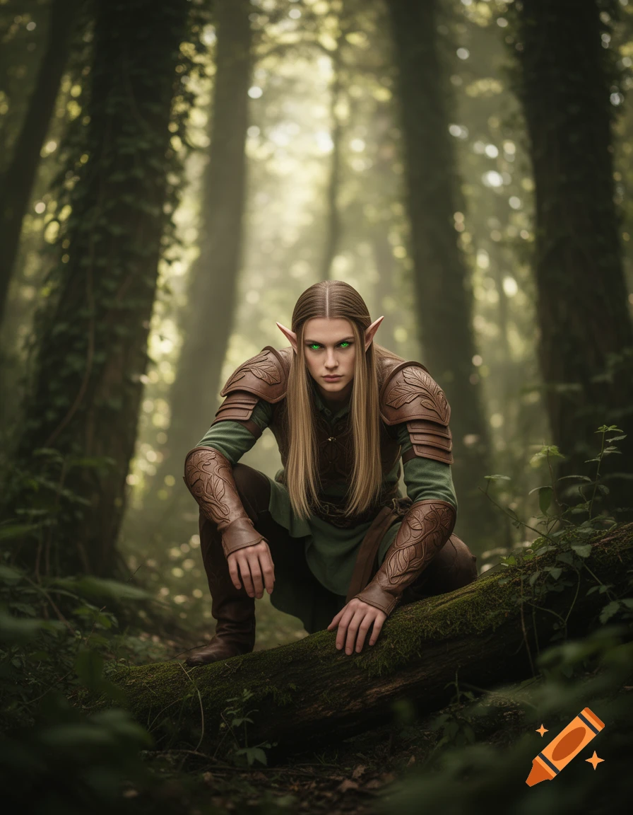 An androgynous wood elf in leather armor crouches on a mossy log in a sunlit, misty forest, looking forward.