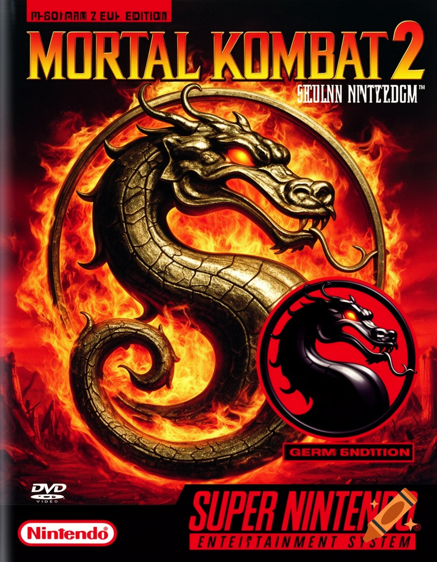 A retro-style video game cover for Mortal Kombat 2, featuring a golden dragon with glowing red eyes encircled by flames, against a red and black background. Various game logos and text are also present.
