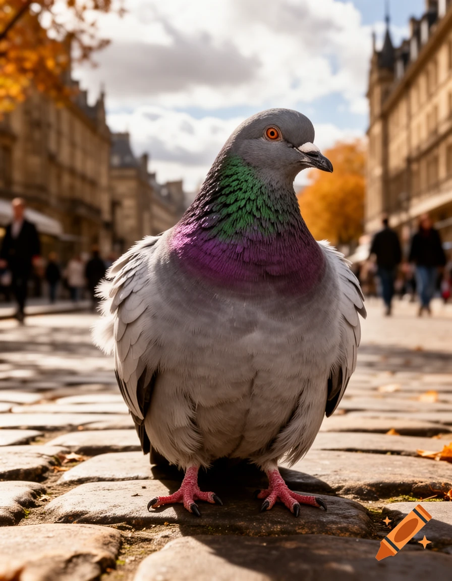 Close-up photorealistic shot of a pigeon with iridescent neck feathers standing on a cobblestone street in a city.