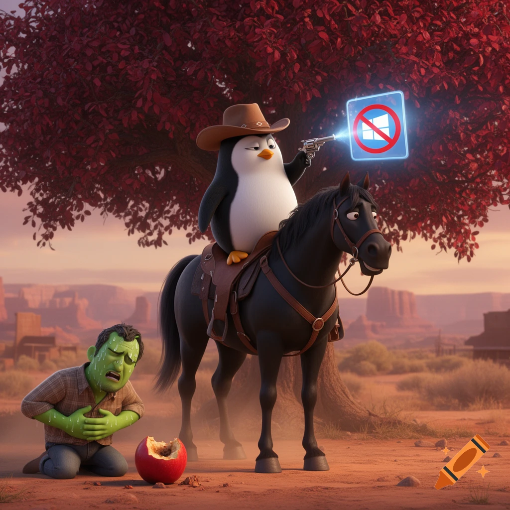 A cartoon penguin in a cowboy hat rides a horse, aiming a gun that projects a crossed-out Windows logo. A sick green man kneels nearby with a rotten apple in a desert Western scene.