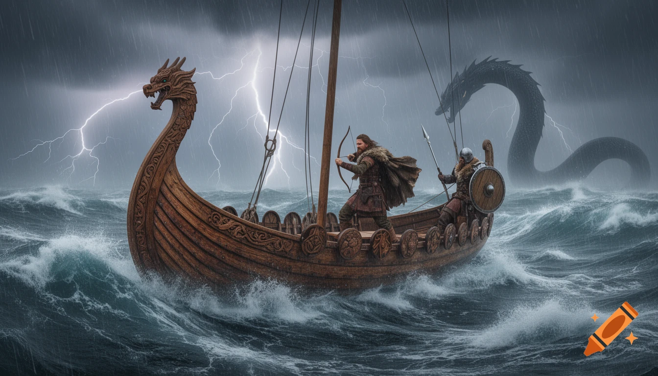 Two Vikings on a longship, one with a bow, confront a giant sea serpent in a stormy, lightning-filled ocean.