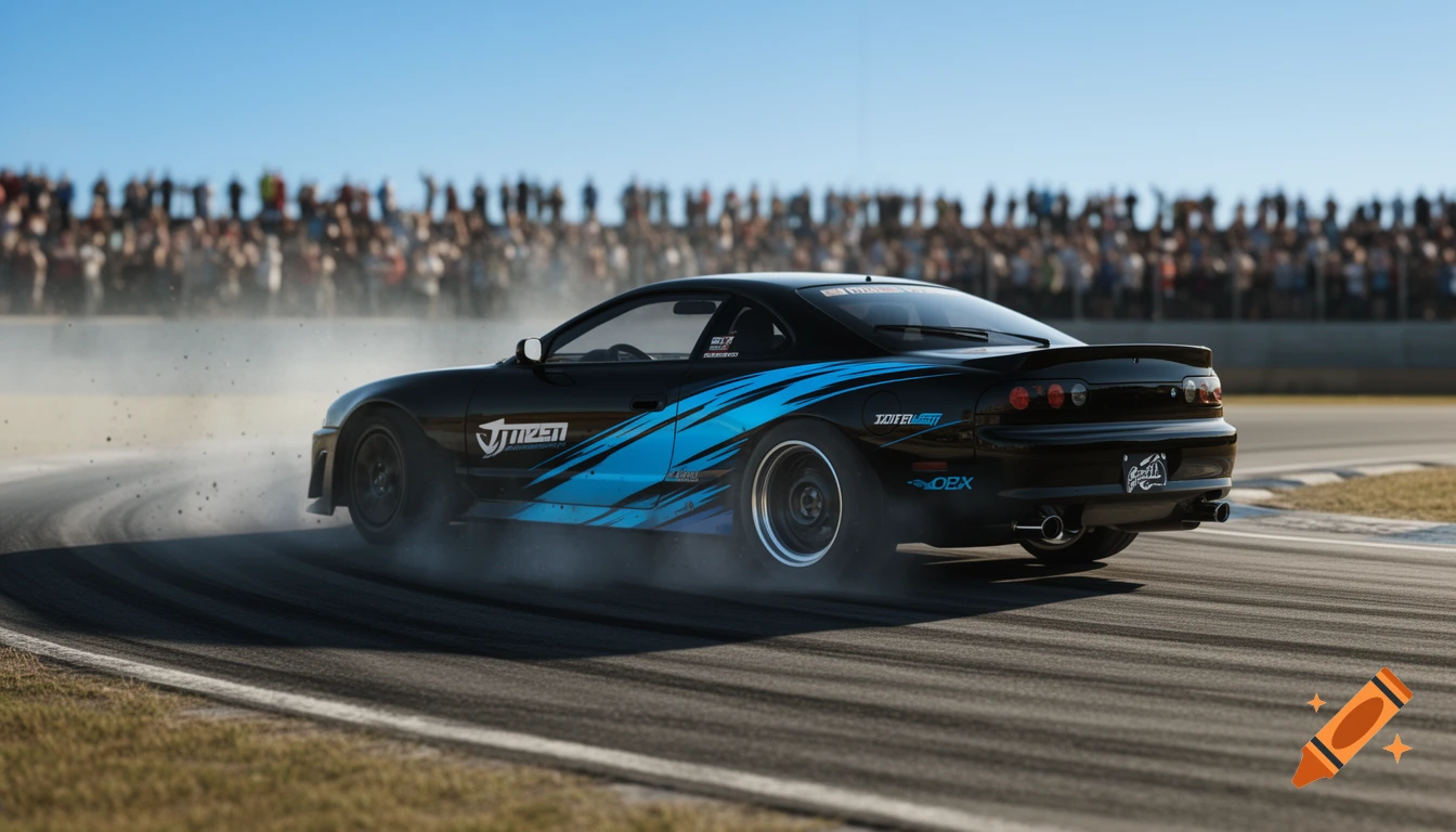 A black drift car with blue accents drifts on a racetrack, kicking up smoke, with spectators in the background.