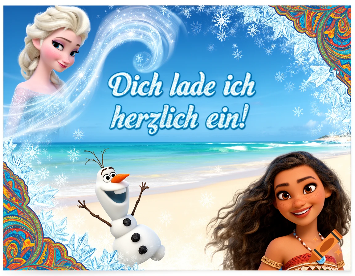 Disney characters Elsa, Moana, and Olaf on a sunny beach with snowflakes. Text reads 'Dich lade ich herzlich ein!' for a birthday invitation.