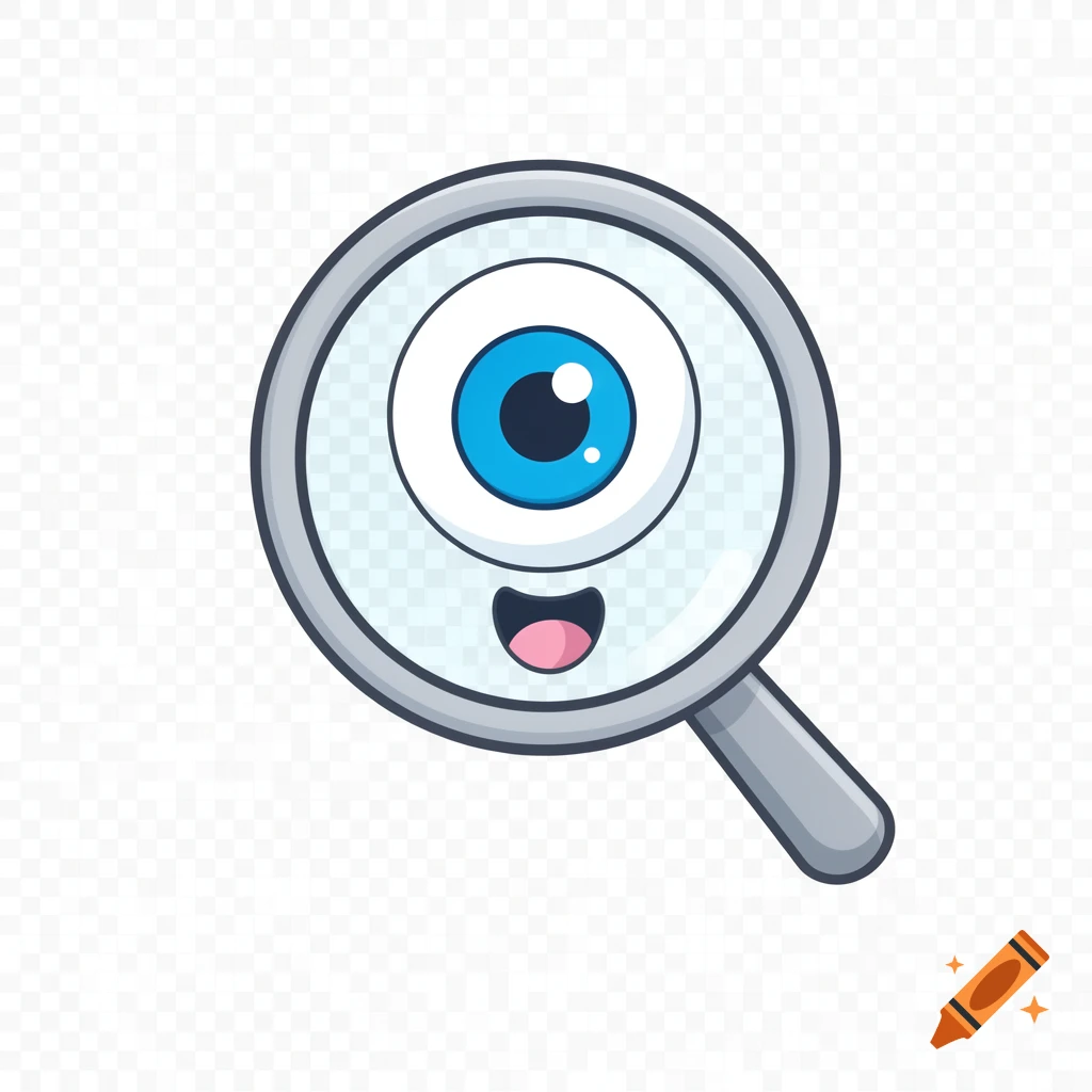 A cartoon magnifying glass character with a single large blue eye and an open smiling mouth.