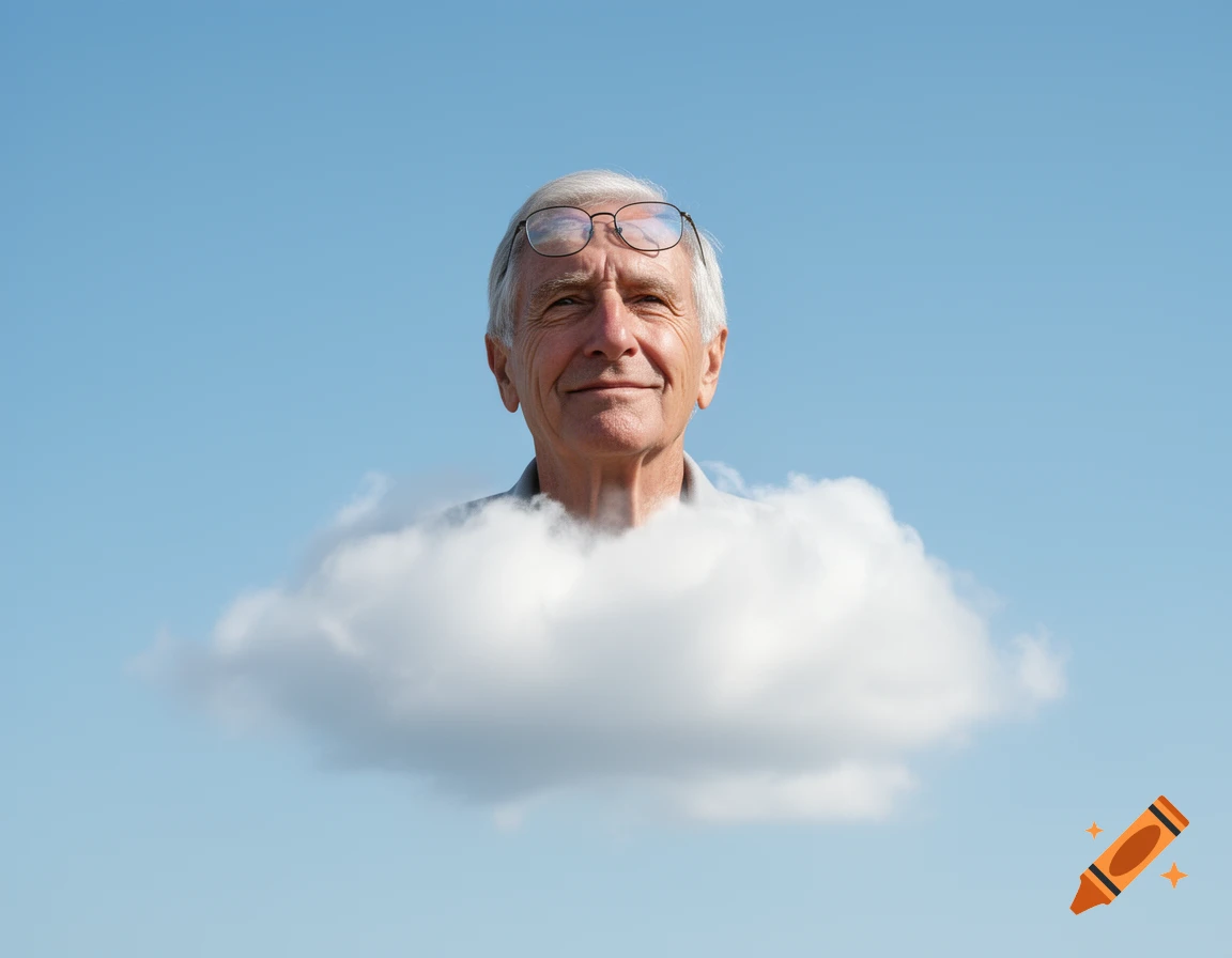 A photorealistic image of an older man with grey hair and glasses, floating serenely from a fluffy white cloud against a clear blue sky.